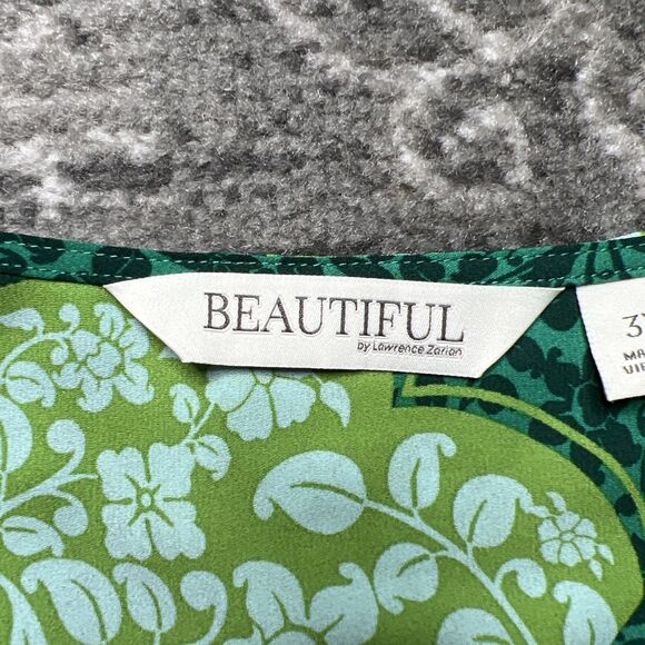 BEAUTIFUL by Lawrence Zarian V-Neck Blouse 3X Green Medallion Paradise Printed - Picture 4 of 8